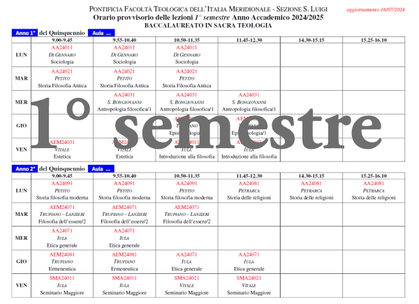 Orario delle Lezioni del 1° Semestre 2023-2024